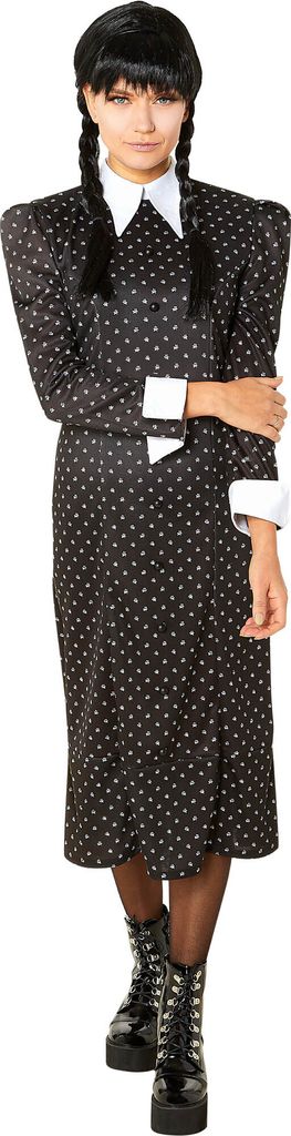 Rubies Mittwoch Addams Kostüm für Damen, bedrucktes schwarzes Kleid, offizielles Abendkleid, Halloween, Karneval, Party und Cosplay