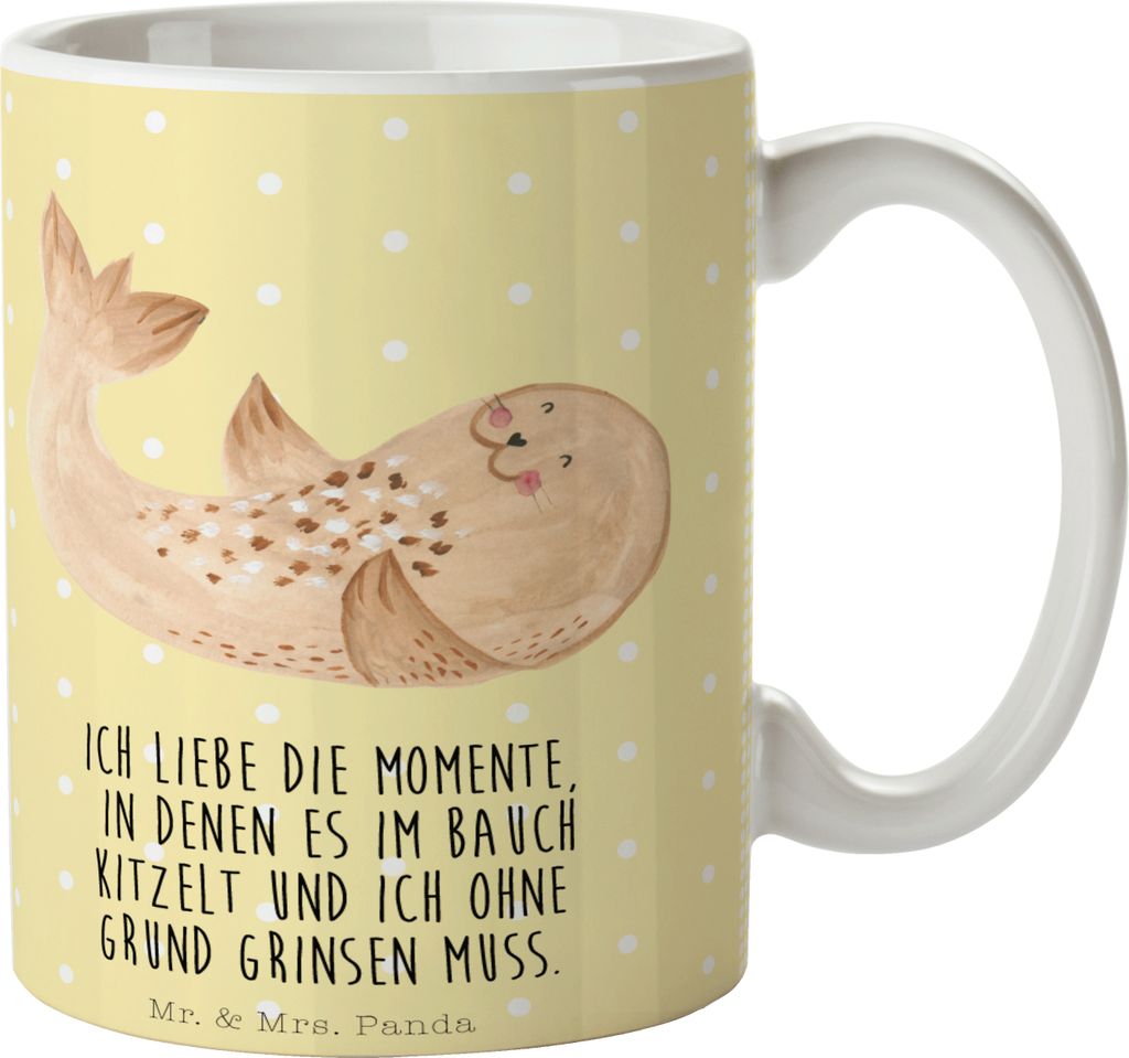 Mr. & Mrs. Panda Tasse Robbe Liegen - Gelb Pastell - Geschenk, Lachen, Seehund, Strand, Ostsee, Kaffeetasse, Teetasse, Kaffeebecher, Lustige Sprüc...
