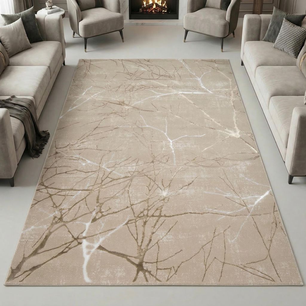 Designer Teppich mit abstraktem glänzenden Ästemuster beige Produktbild 