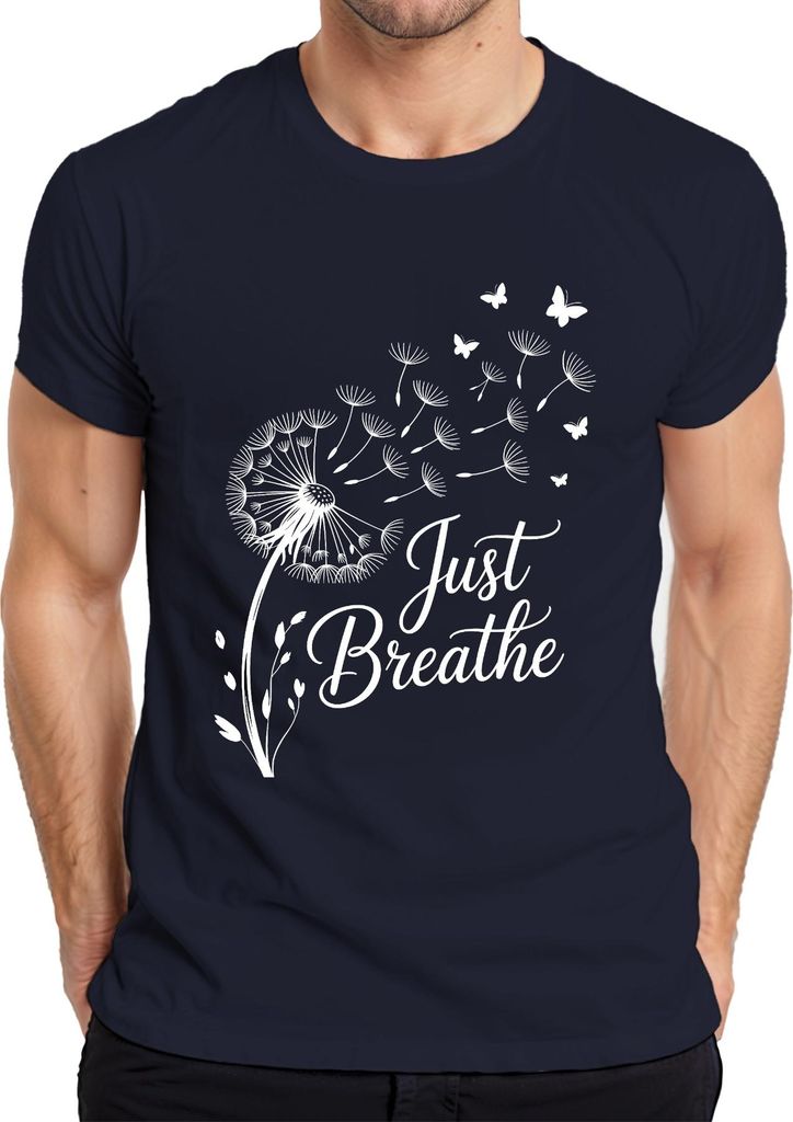 Just Breathe Pusteblume Schmetterling Achtsamkeit Yoga Meditation Herren T-Shirt, Navy, 3XL