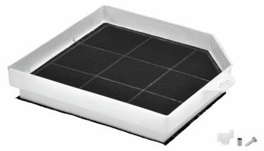 A white plastic frame with a black carbon filter grid inside, shown from a slightly elevated angle.
