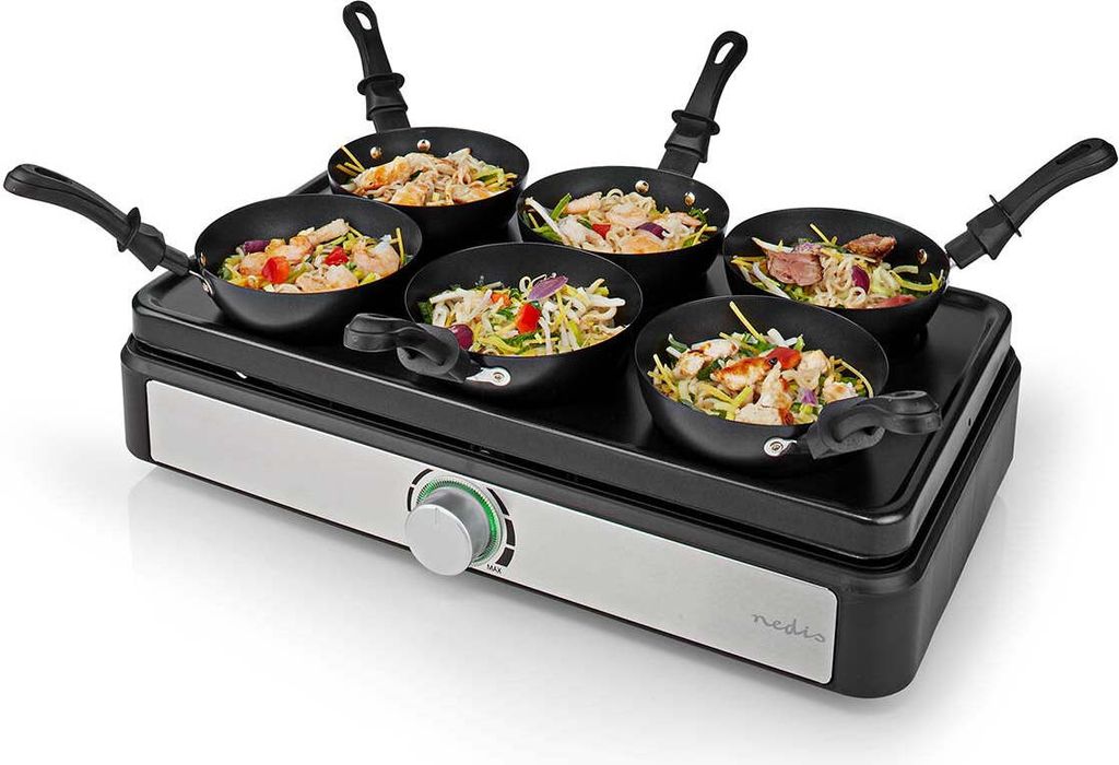 A Nedis electric wok set with six individual woks on a rectangular heating plate.