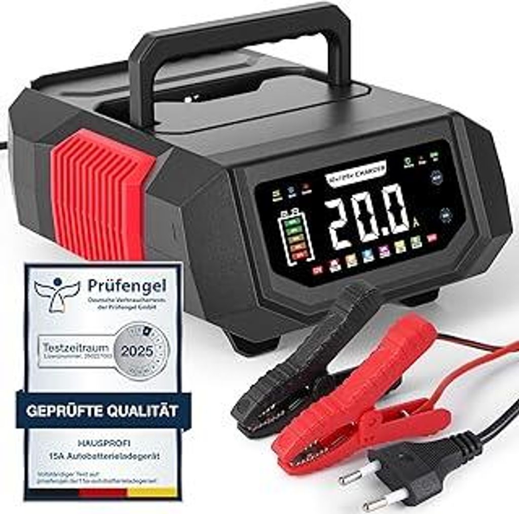 Autobatterie Ladegerät 12V/24V, HAUSPROFI 20A Intelligentes Batterieladegerät KFZ mit Einstellbarem Strom, 9-Stufige Ladung & Reparaturmodus für...