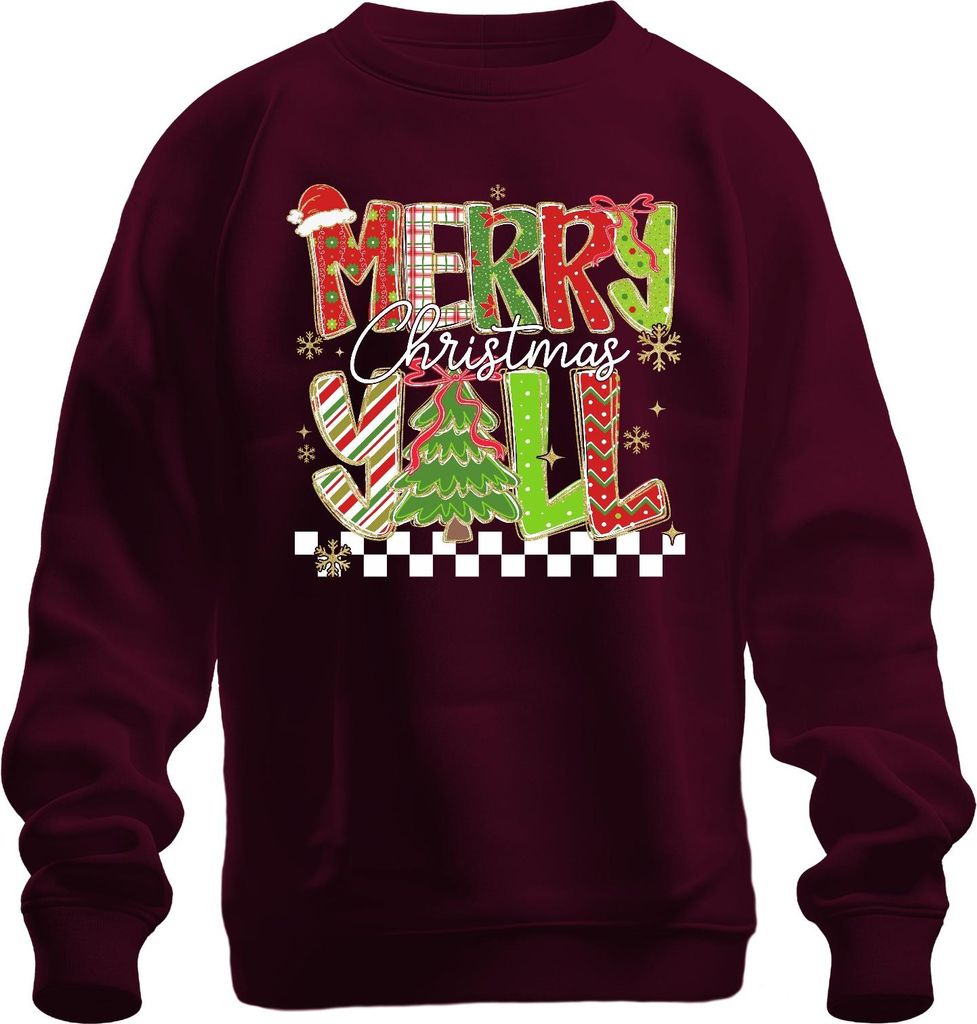 Merry Christmas Y'all Weihnachten Tannenbaum gestreift Glitzer Uni Sweatshirt Pullover, Burgundy, XXL