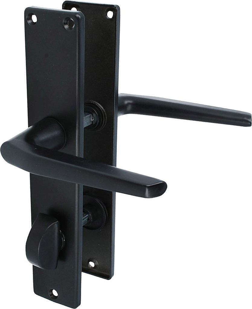 A black door handle set on a white background.