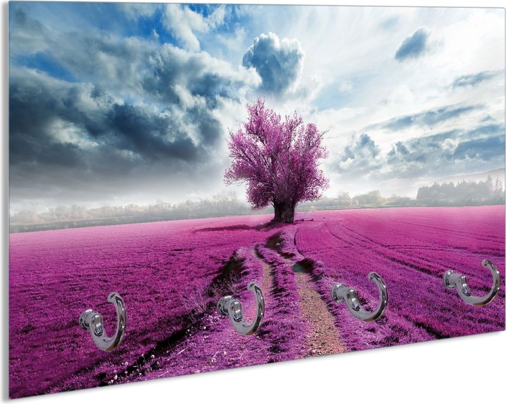 Wallario Schlüsselbrett aus Glas, Motiv: Surreales Blumenfeld lila Blumen auf dem Feld, 30 x 20 cm mit 4 Haken