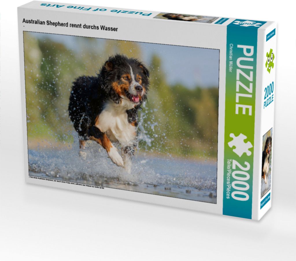 CALVENDO Puzzle Australian Shepherd rennt durchs Wasser 2000 Teile Puzzle quer | 2000 Teile Lege-Größe 90x67cm Foto-Puzzle für glückliche Stunden