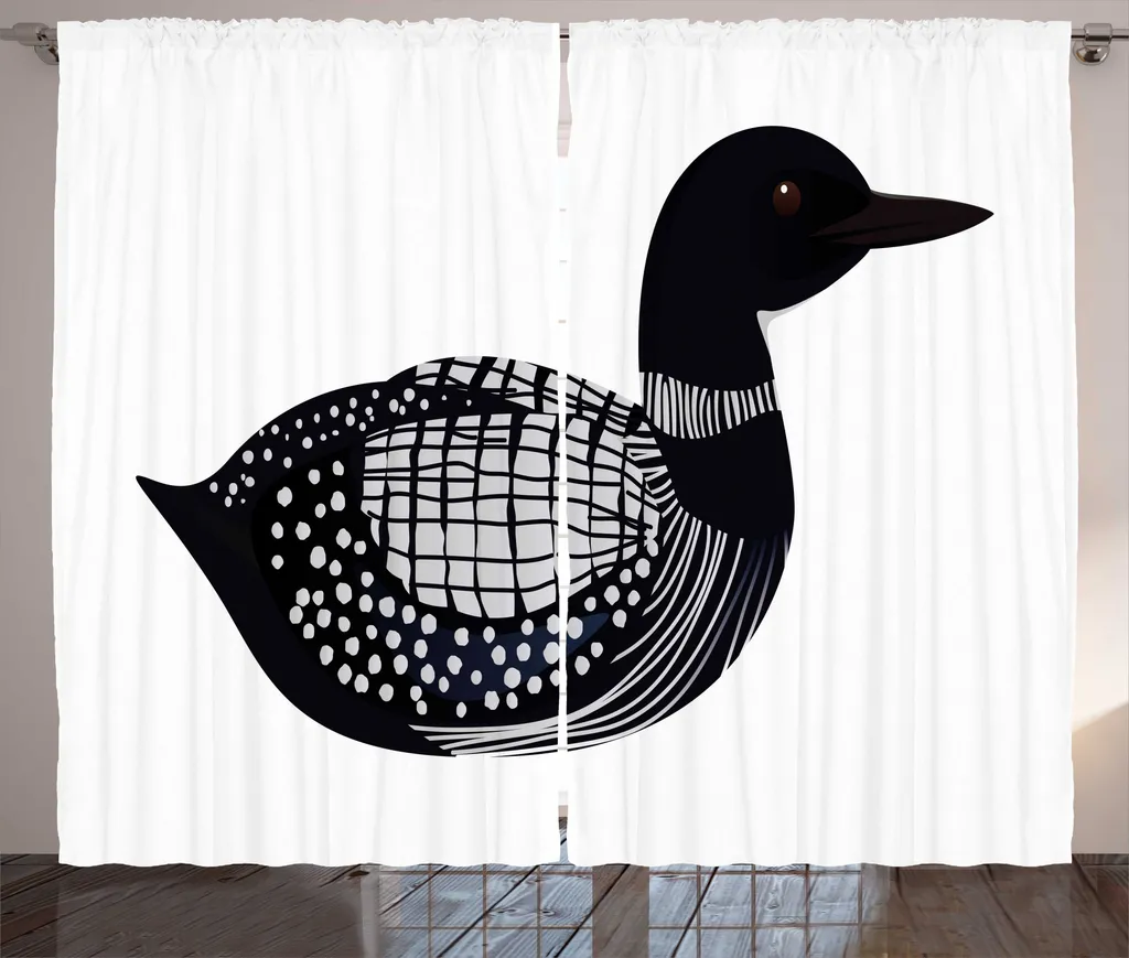 Rideau rustique bleu nuit motif oiseau doodle ABAKUHAUS ruban froncé