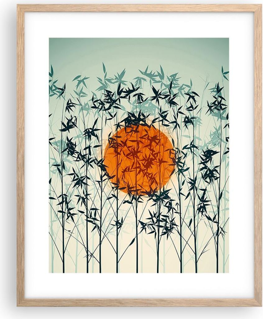 Gerahmtes Poster - Rahmen in heller Eiche - Westen Sonne Gras - 40x50 cm - Wand Bild - Wanddeko - Wandbilder - Kunstposter - Wandposter - Bilderrah...