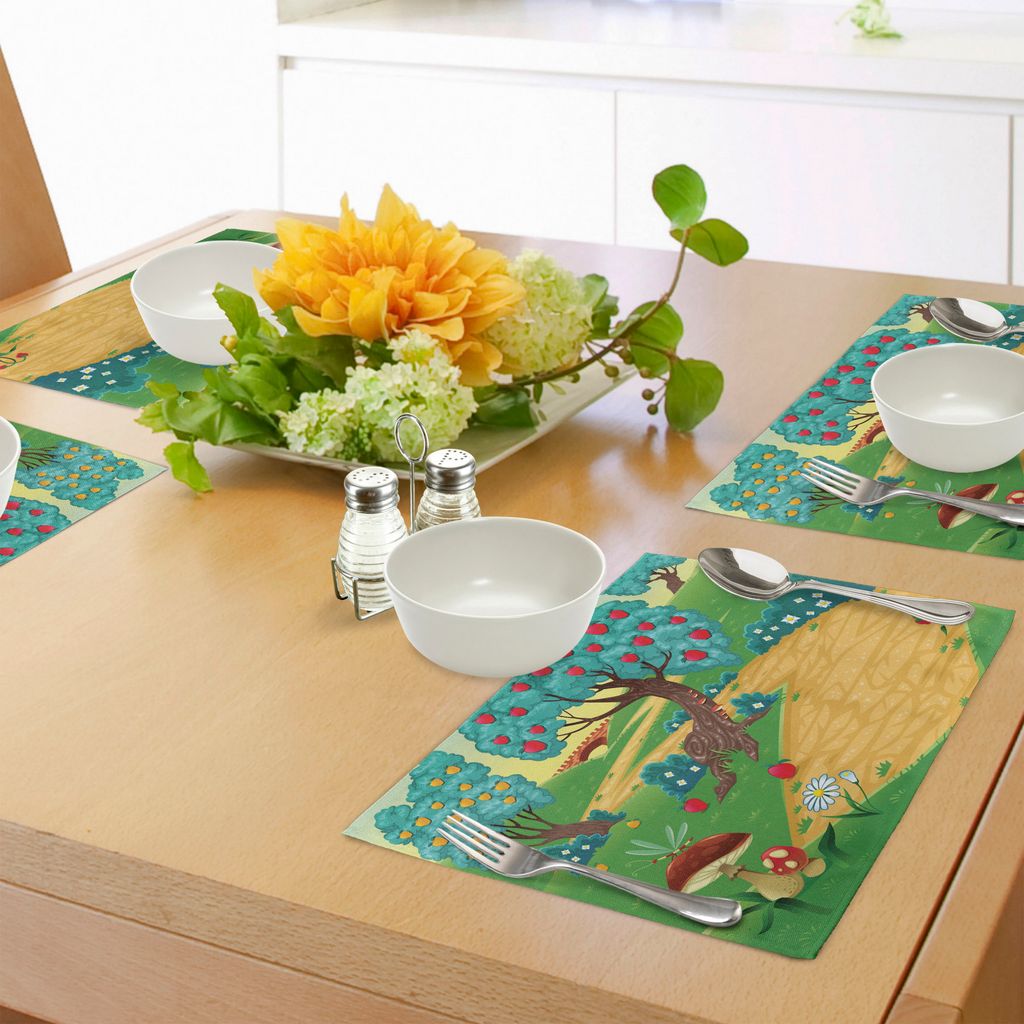 ABAKUHAUS Frühling Platzmatten, Greeny Spring Lanscape mit Pilzen Dragonfly Erdbeer Obstbäume von Apple, Tiscjdeco aus Farbfesten Stoff für das ...