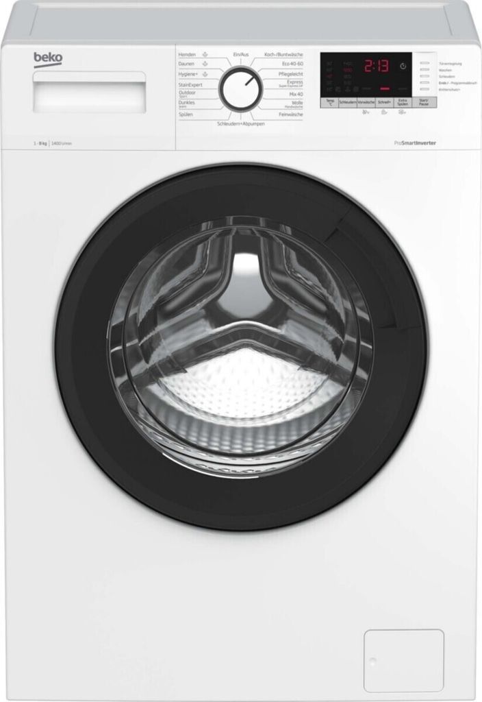 A front view of a white Beko washing machine.