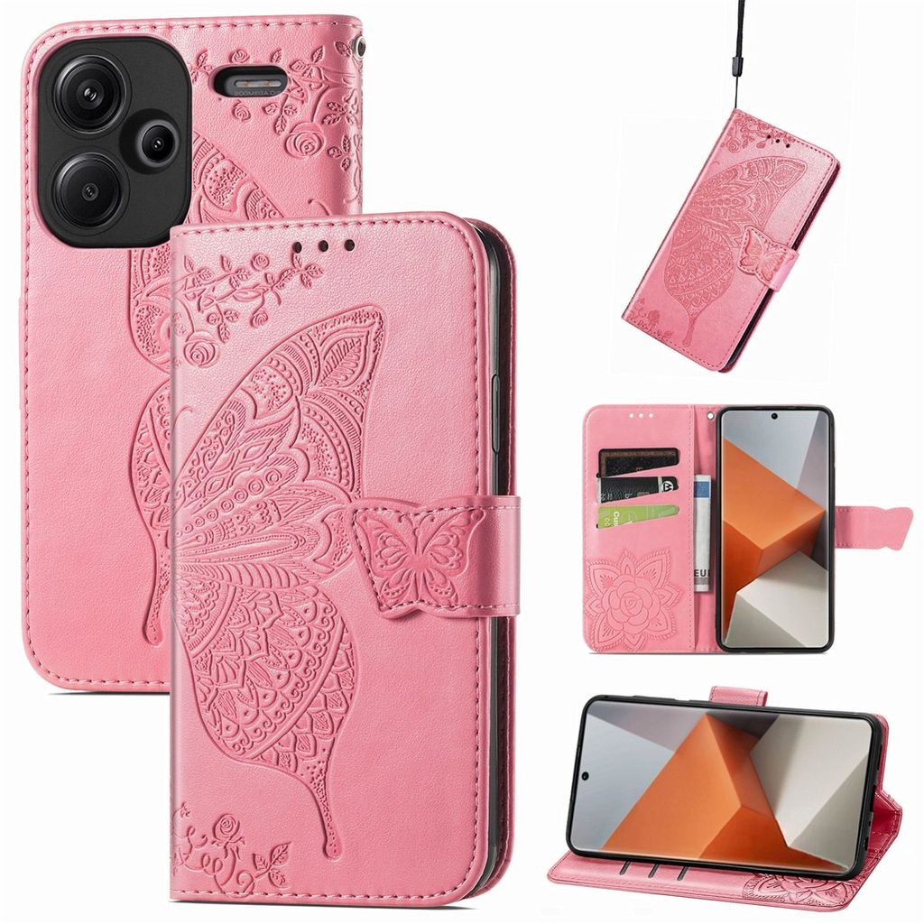 Für Xiaomi Redmi Note 13 Pro Plus Kunstleder Wallet Handy Tasche Schmetterling Design Schutz Hülle Pink