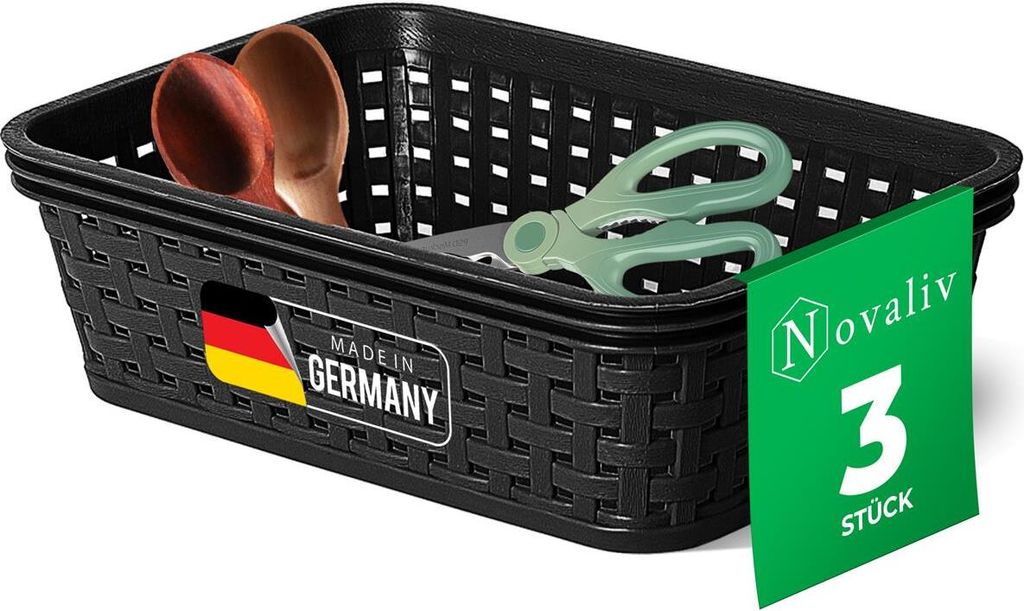 Novaliv 3er Set Lebensmittelechte Körbe Küche Aufbewahrung 1L Schwarz Kunststoff Rattan-Optik Küche Aufbewahrung & Organisation BPA-Freie Lebens...