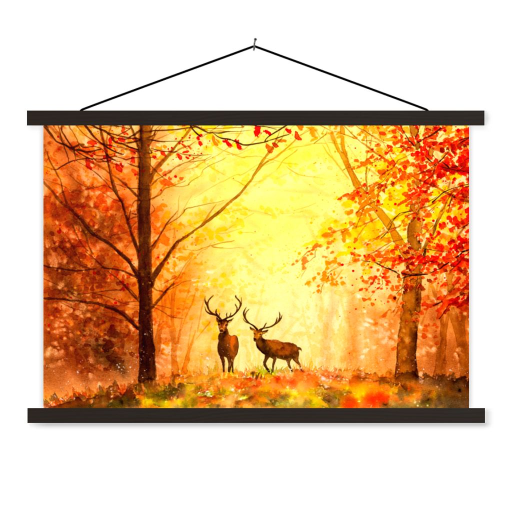 MuchoWow Textilposter Natur - Ölfarbe - Hirsche - Tiere - Herbst - Orange 90x60 cm mit schwarzem Rahmen - Aufhängungssatz