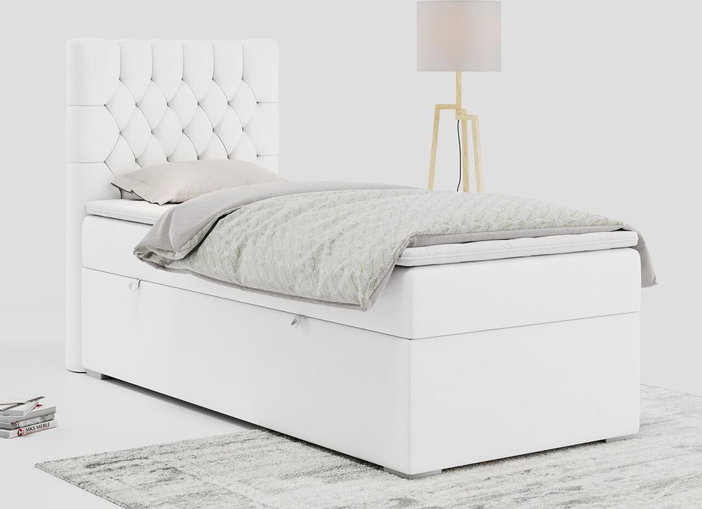 Einzelbett - Boxspringbett 90x200 mit Bettkasten und Matratzentopper - PERA 90 - links - Weiß - H3