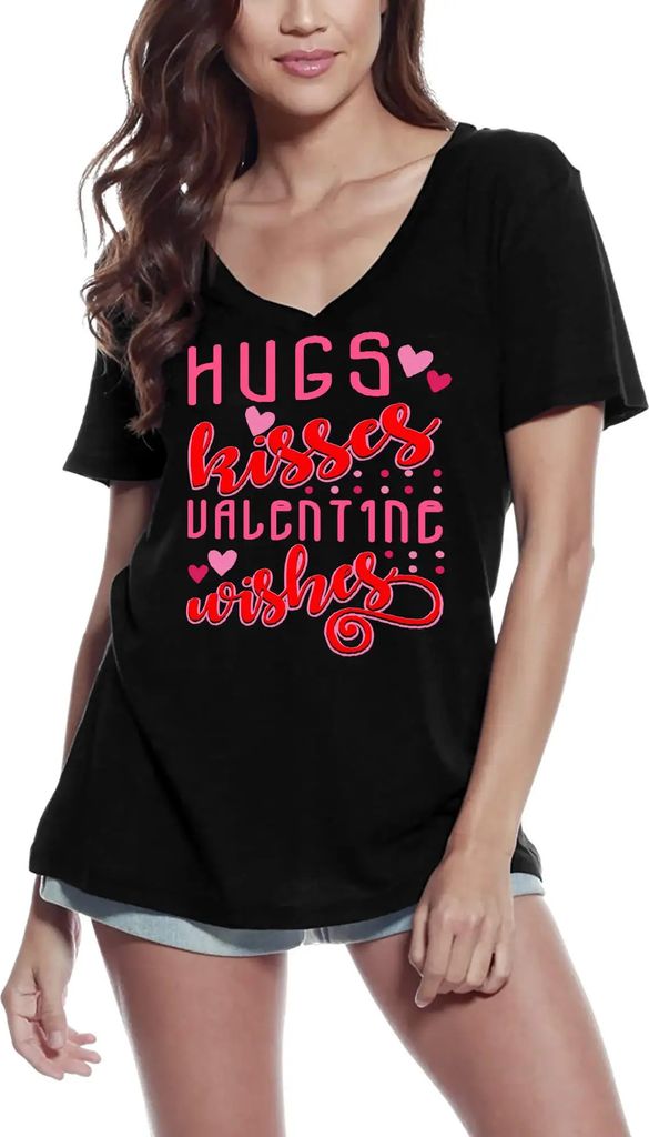 Damen Grafik T-Shirt V-Ausschnitt Umarmungen Küsse Valentinstag Wünsche - Liebe Valentinstag – Hugs Kisses Valentine Wishes - Love Valentine's Day