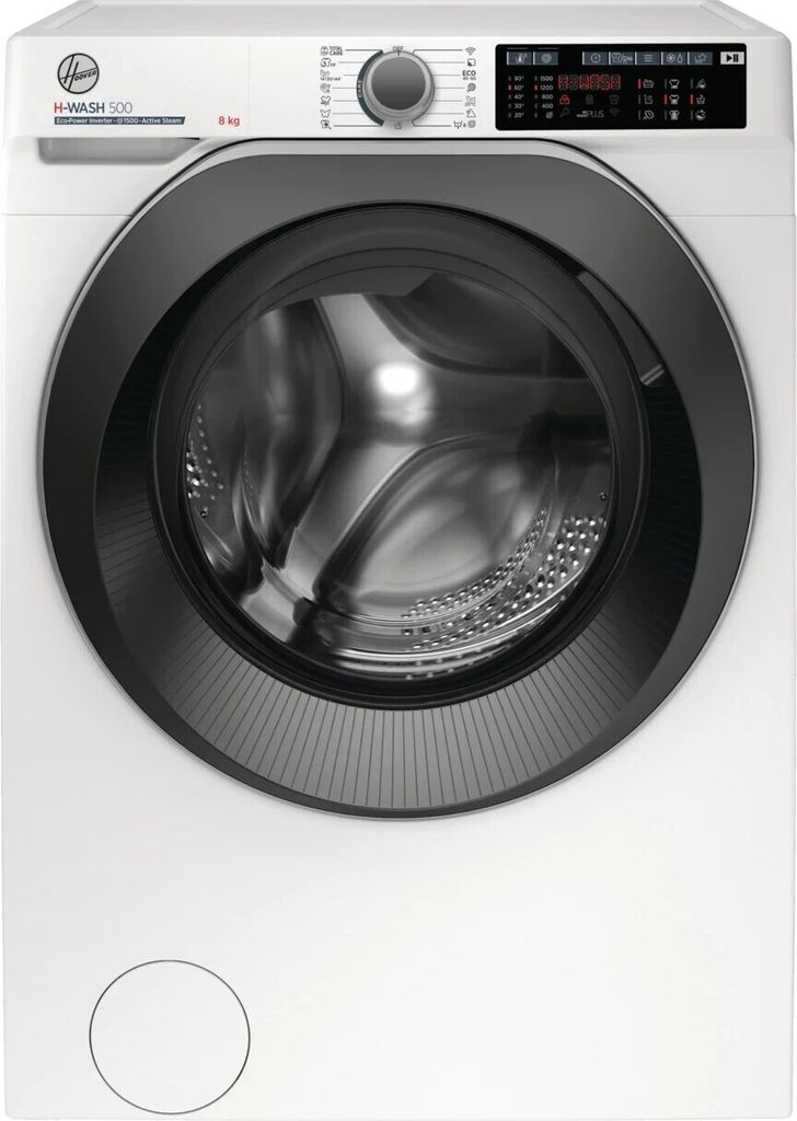 Front view of a white washing machine with a black drum surround.
