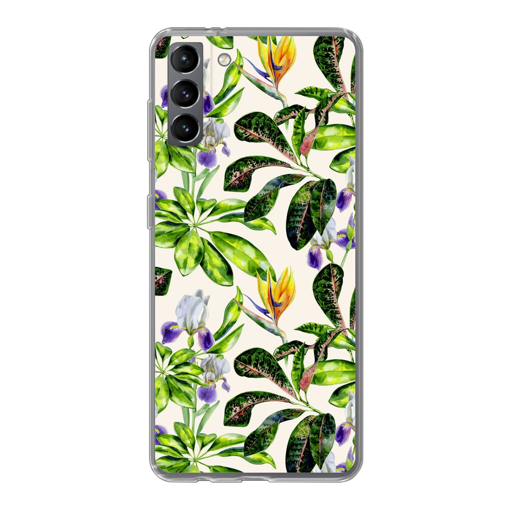 MuchoWow Handyhülle Schutzhülle Hülle für Samsung Galaxy S21 Plus Blätter - Strelitzia - Blüte Silikon Softcase Handy Hülle - Handy-Tasche
