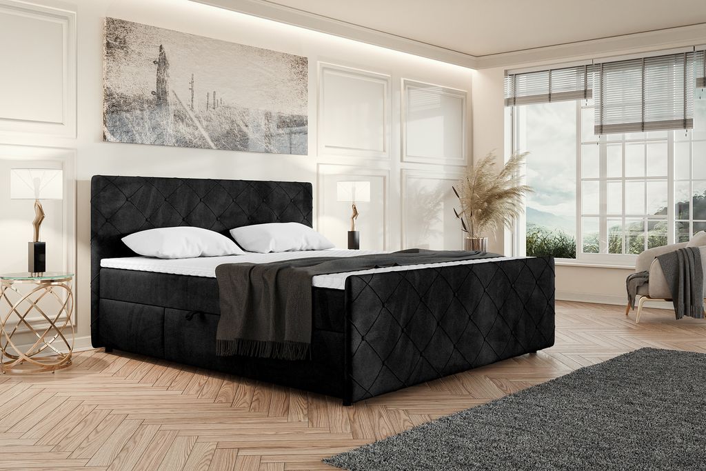 MEBLINI Boxspringbett mit Bettkasten - Gepolstert Doppelbett mit Matratze und Topper - Polsterbett mit Stauraum - Bett mit Kopfteil - Stauraumbett ...