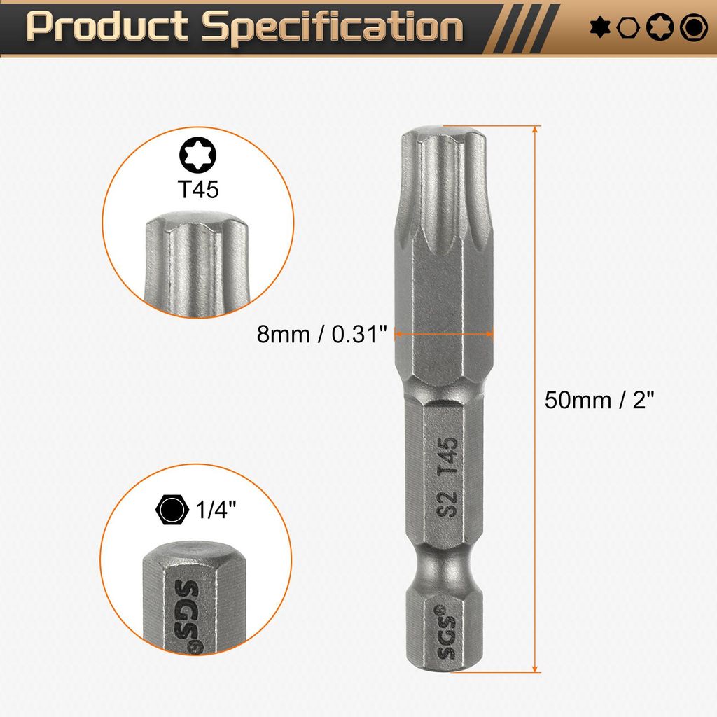 T45 Torx Bit Set Schraubendreher Bitsatz 1/4 Zoll Sechskantschaft 50mm Lang Magnetisch Hex Sechskant Ohne Loch Spitze Bohrer Bits S2 Stahl fš¹r T...