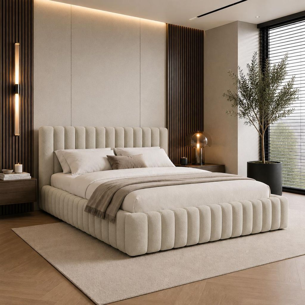 FURNISTAR Polsterbett BLIVIO 120x200 cm, Polsterbett mit Bettkasten, Stauraum und Lattenrost, Doppelbett, Boxspringbett-Optik, Beige