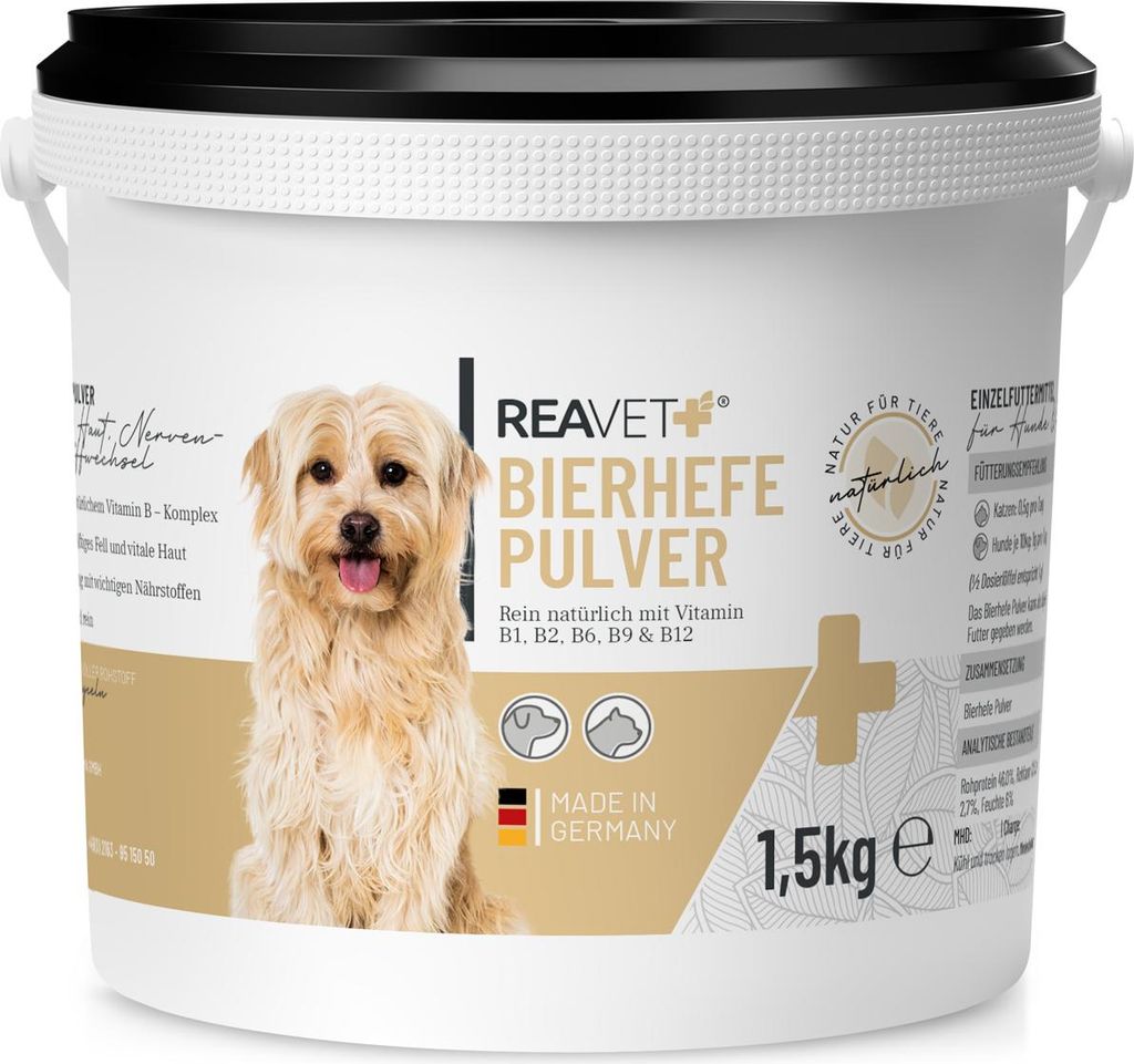 REAVET Bierhefe Pulver für Hunde & Katzen 1,5kg - Reine Bierhefe gemahlen gegen Haarausfall, Natürliche B Vitamine und Biotin für Hund und Katze...