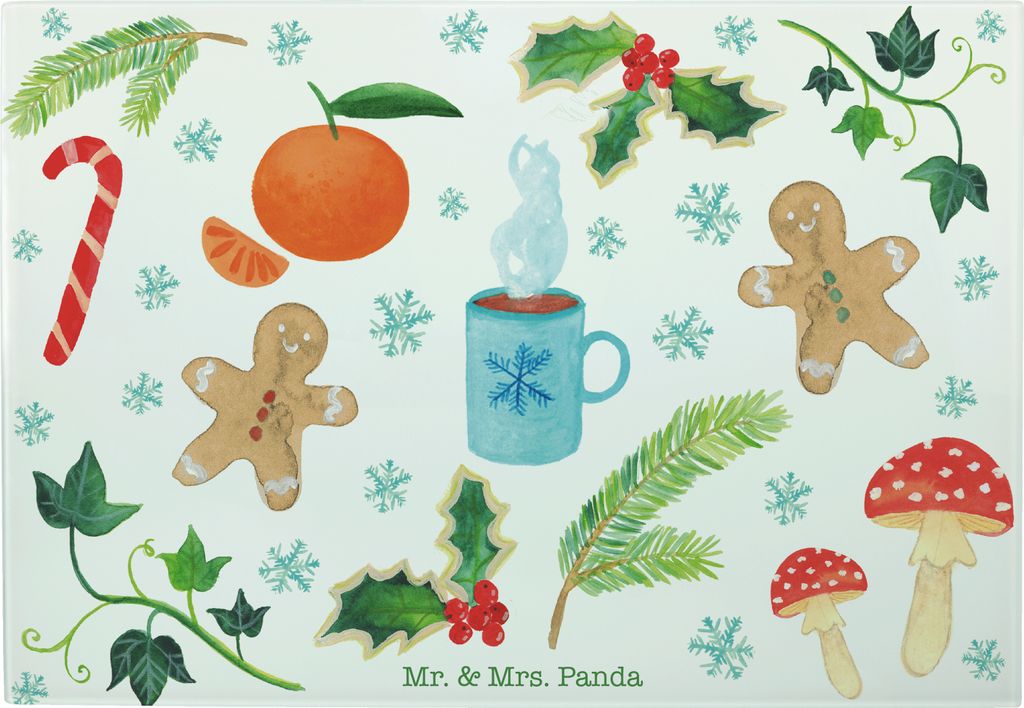 Mr. & Mrs. Panda Servierplatte Winter - Geschenk, Dekoration, Küchenbrett, Stutenkerl, Glasschneidebrett, Schnee, Lebkuchen, Glasbrett, Schneidebr...