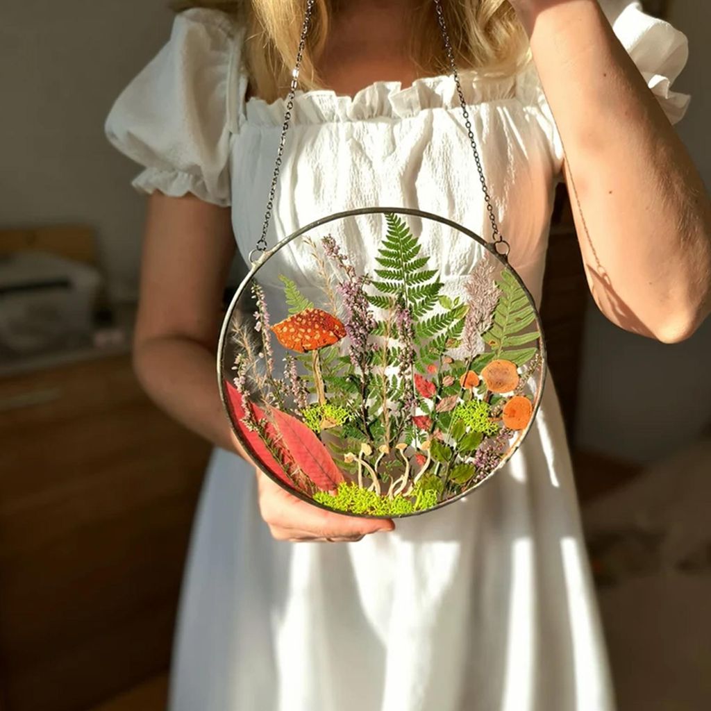 Wildblumen-Pilz-Herbarium-Hängedekoration für drinnen und draußen, Garten, Fenster, Wandbehang, Pilz-Pressblumen-Kunstornament