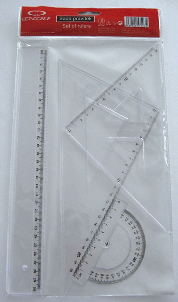 Sada pravítek Concorde, 30 cm, trojúhelníky, úhloměr, čiré, sada 4 ks