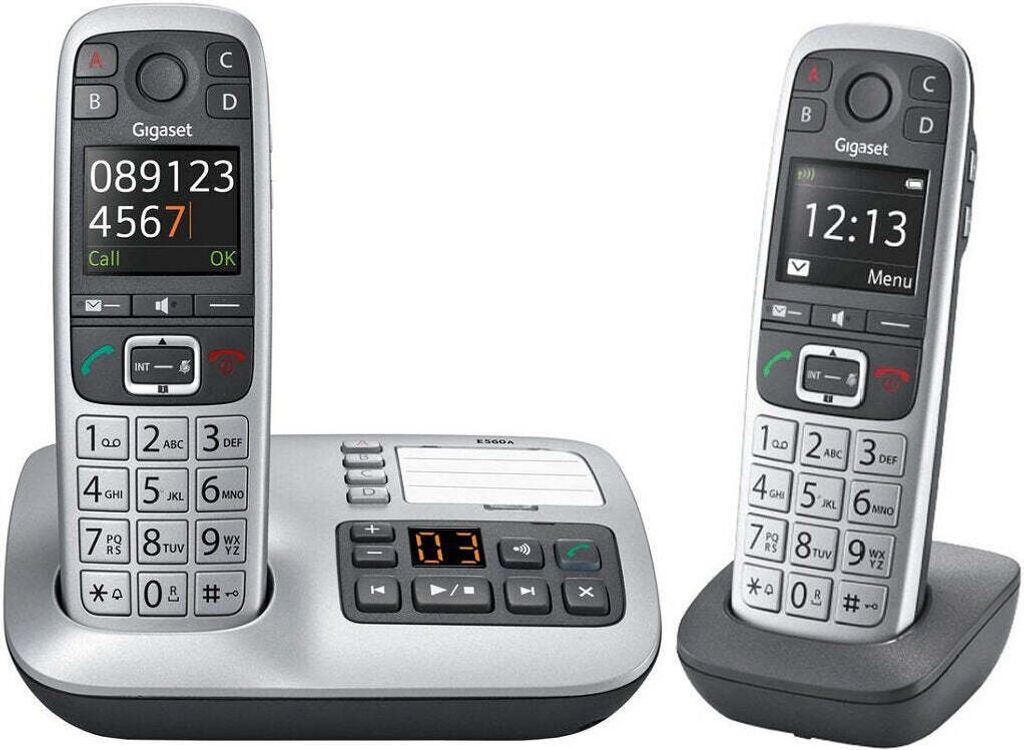A Gigaset E560A Duo cordless phone set with its base station and a separate handset, displayed on a white background.
