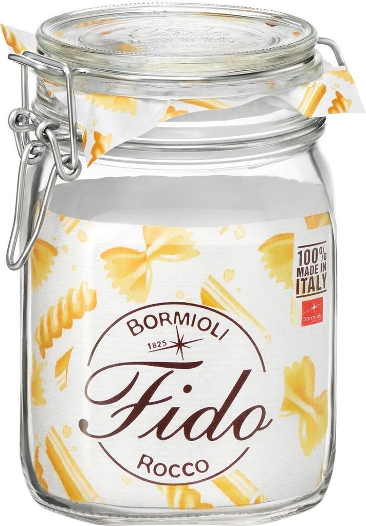 A clear, well-lit studio shot of a glass storage jar with a wire bail closure, filled with what appears to be pasta.
