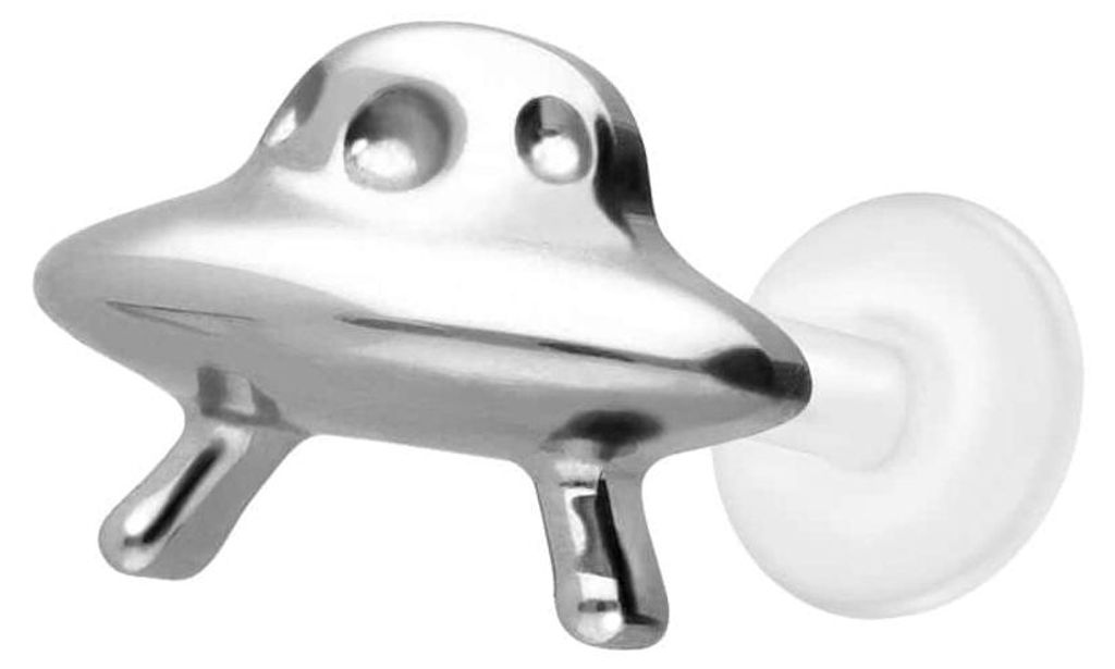 Ohrpiercing, Nasenpiercing PTFE Labret mit Innengewinde + Titan-Aufsatz UFO Silber Stablänge: 5mm | Stabstärke: 1,2mm
