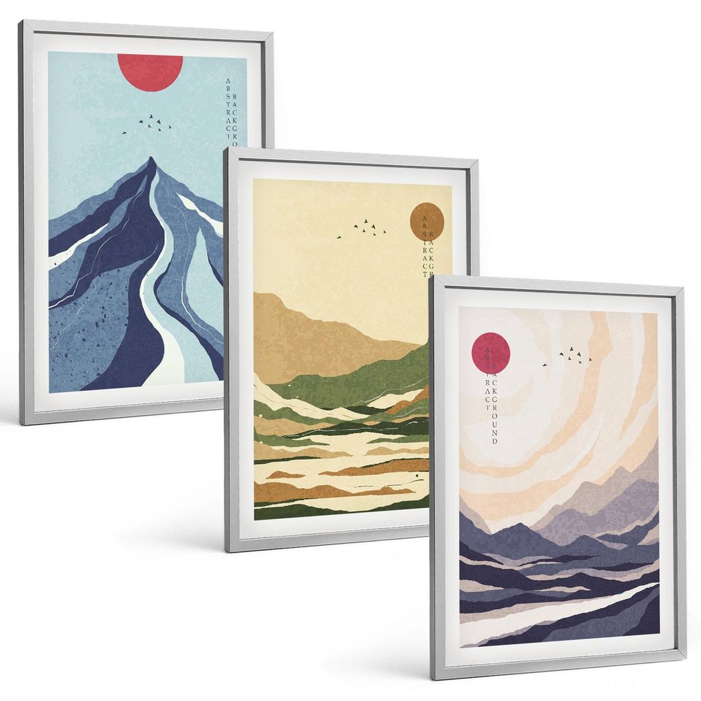 Bilder Set 3-teilig im silbergerahmten Rahmen – Wandbilder 3 Stück – gerahmte Poster für Wohnzimmer, Schlafzimmer und Flur – 40x60 cm – P...