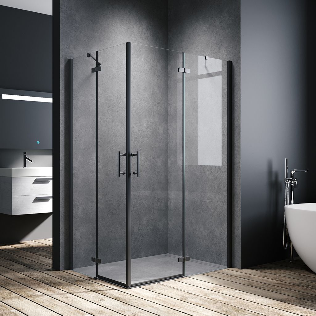A modern bathroom with a glass shower enclosure, a vanity, and a bathtub.