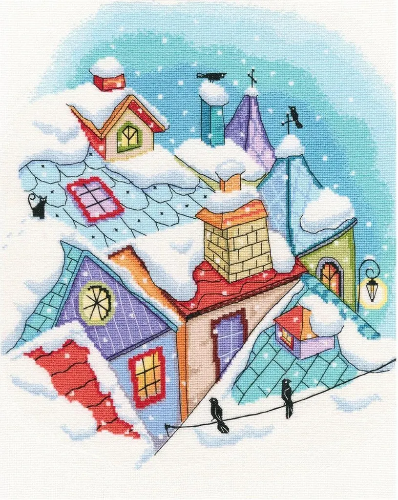 Kit point de croix RTO Hiver sur les toits M655 broderie 27,5x33,5 cm