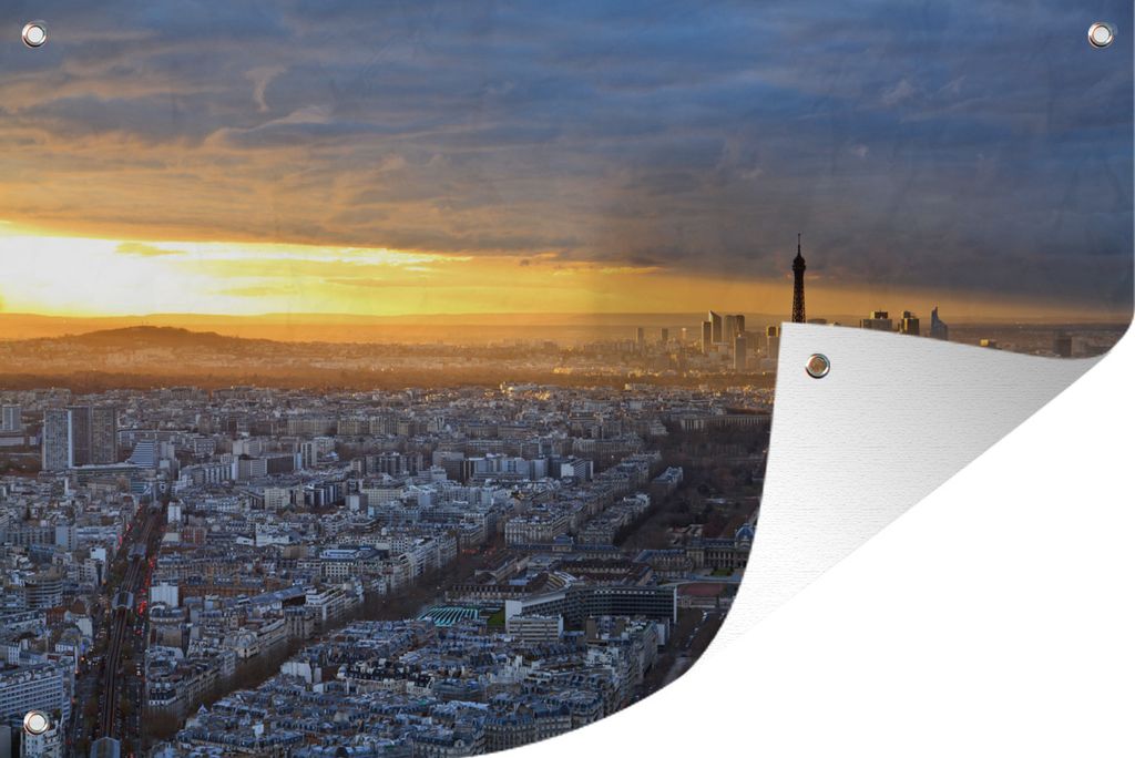 MuchoWow 90x60 cm Outdoor-Poster Gartendeko Sichtschutz Garten Poster für den Garten Paris - Skyline - Sonne