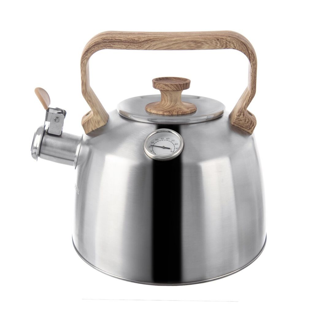 A stainless steel teapot with a wooden handle and lid knob, featuring a built-in thermometer.