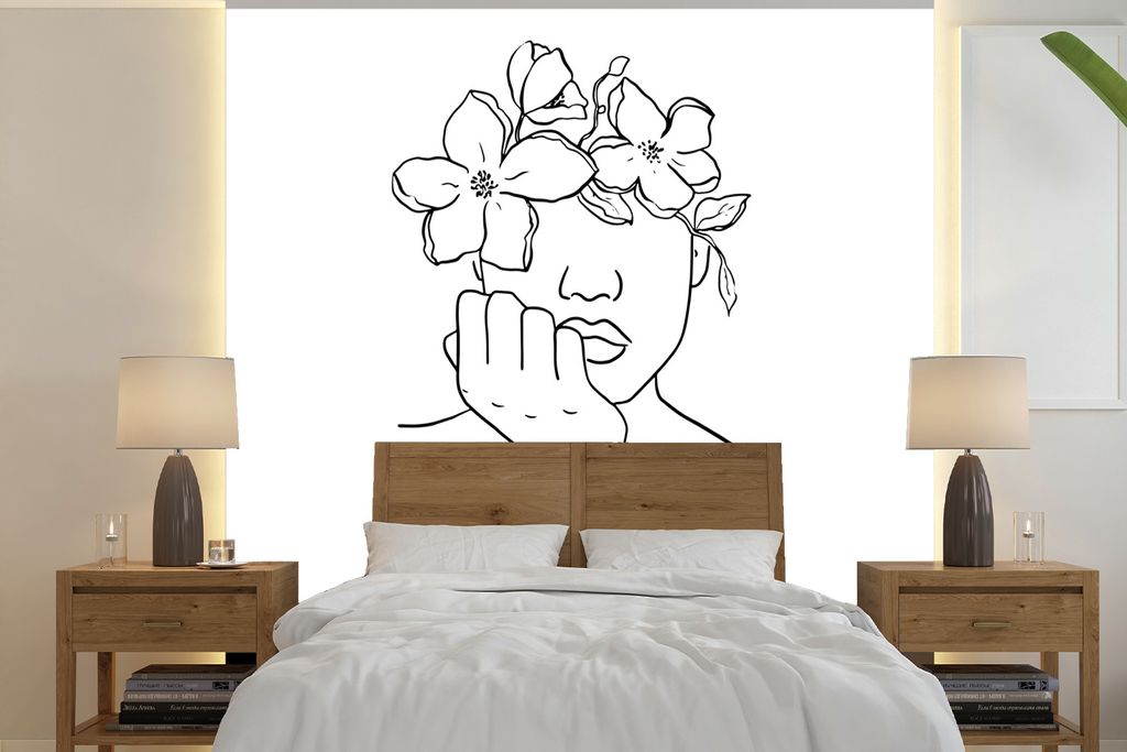 MuchoWow Fototapete für Wohnzimmer oder Schlafzimmer Wandtapete Vinyl Motivtapete Abstrakte Strichgrafik einer Frau mit Blumen in ihrem Haar Qua...