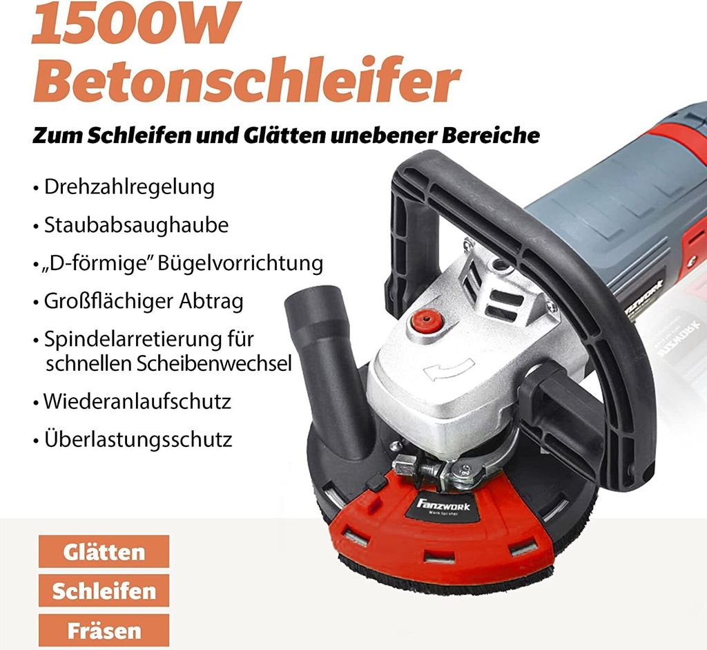 Betonschleifer Betonfräse Set, MAXXT Steinschleifer 1500W 7 Einstellbare Geschwindigkeiten 1000-8500 RPM, Kann an Staubsauger Angeschlossen Werden