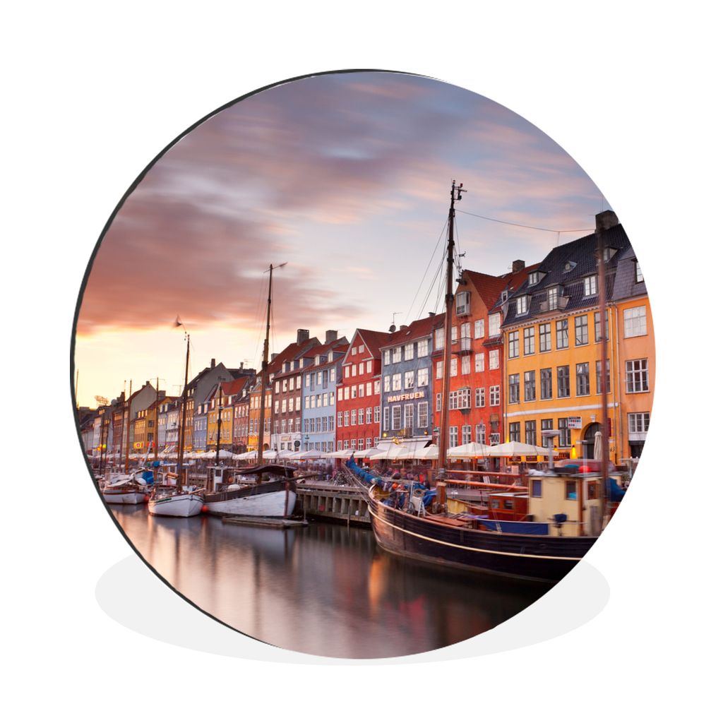 MuchoWow Aluminium Wandkreis Sonnenuntergang in Nyhavn Kopenhagen - Dänemark Ø 90 cm Wanddeko Modern Wohnzimmer - Mauerkreis - Wandbilder - Run...