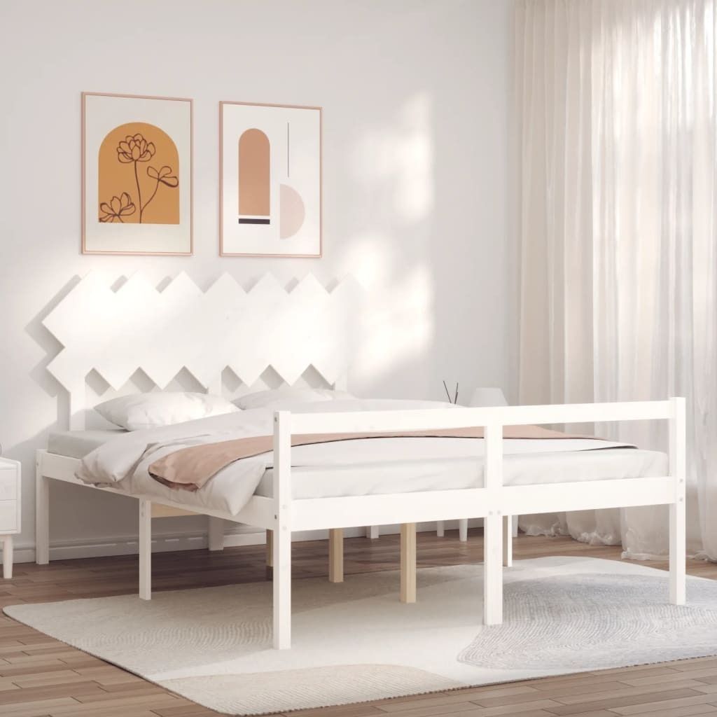 The Living Store Seniorenbett mit Kopfteil 140x190 cm Weiß Massivholz