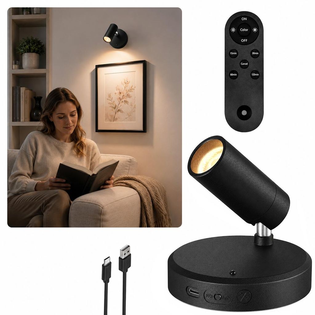 Akku Wandleuchte LED, kabelloser Spot mit Fernbedienung und Produktbild 