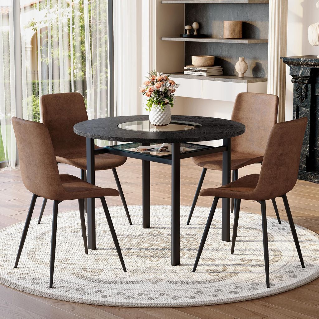 Modernes Esstisch Set 100cm Rund 5-teilig mit 4 Stühlen Braun Tech-Stoff, Sitzgruppe Schwarz Holzoptik mit ESG Sicherheitsglas, Esszimmergruppe ho...