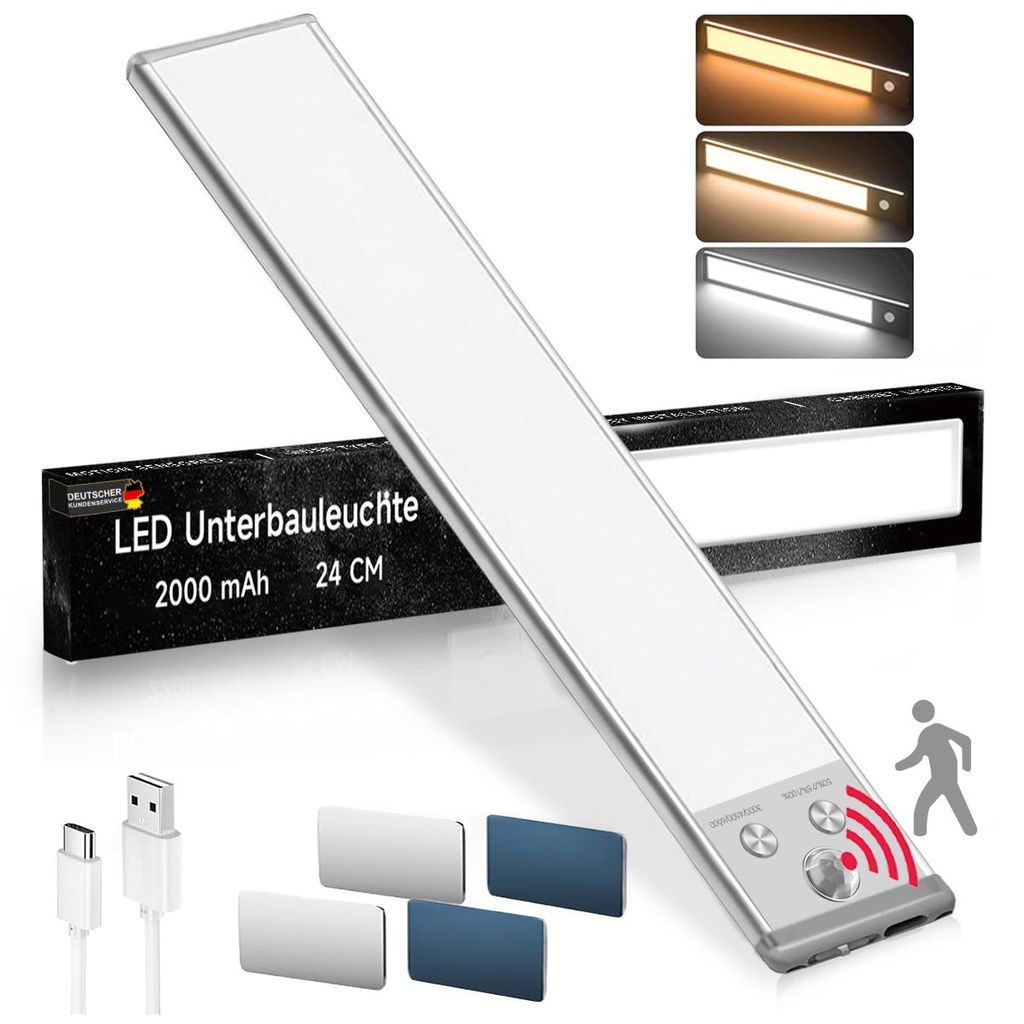 LED Unterbauleuchte mit Bewegungsmelde,24cm&30cm,USB-C wiederaufladbar,schrankbeleuchtung,Ideal für Küche,Kleiderschrank,Schlafzimmer,Flur
