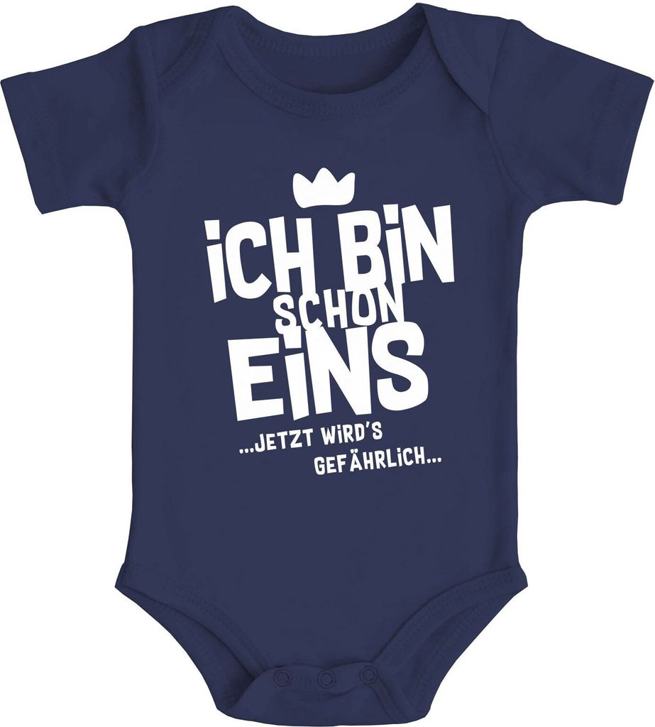 Babybody erster Geburtstag lustiger Spruch Ich bin schon 1 jetzt wird's gefährlich kurzarm Body Baumwolle Moonworks navy-weiß 6-12 Monate