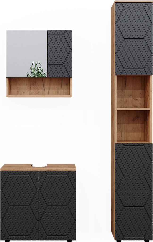 Badmöbel-Set Vicco Irma Anthrazit mit Wabenstruktur 3 Teile, mit Hochschrank, Model 47172