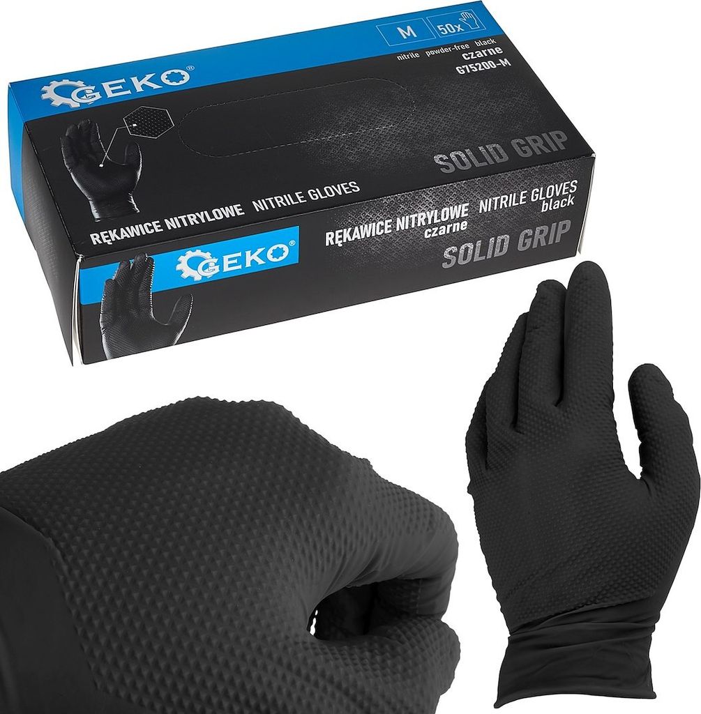 GEKO | Einweghandschuhe, Gr. M 50 Stück/Box, Schwarz, Einmalhandschuhe Extra Stark, Nitrilhandschuh