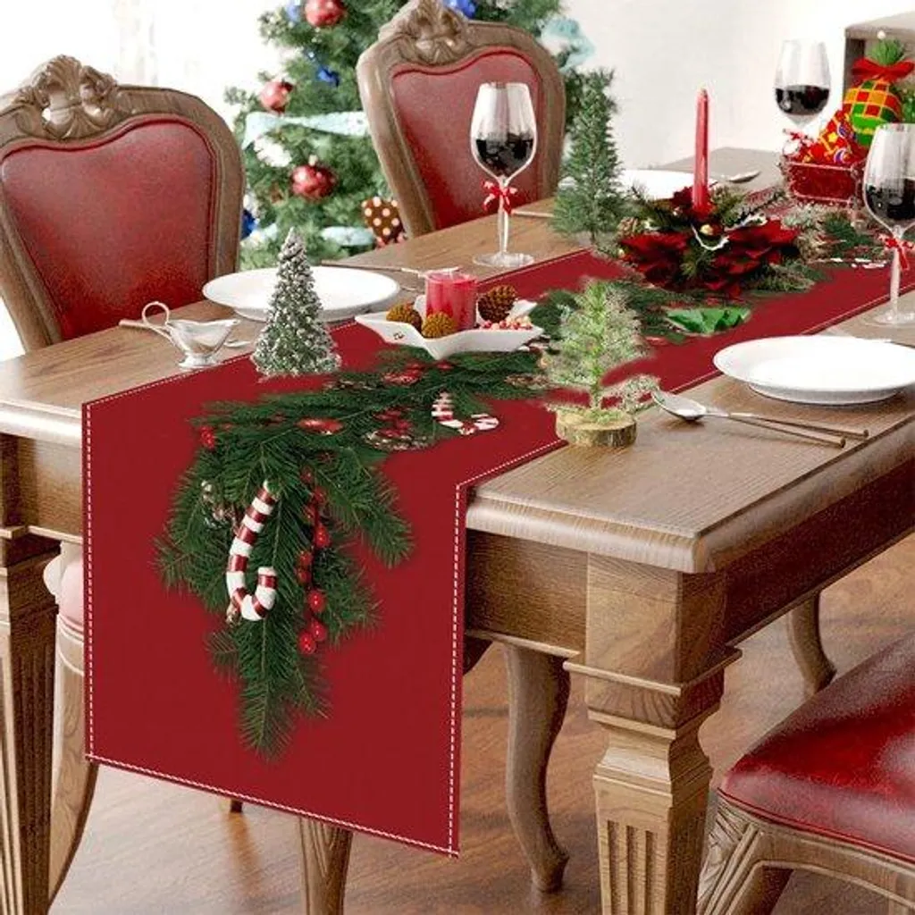 Chemin de Table Noël Rouge 230x33 cm - Déco Sapin, Horloge, Sucres d'Orge