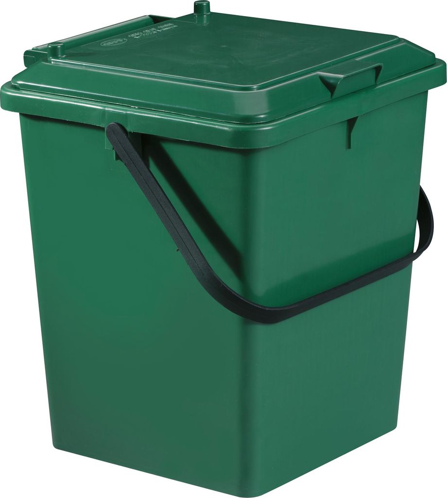 A green compost bin with a lid and handle, isolated on a white background.