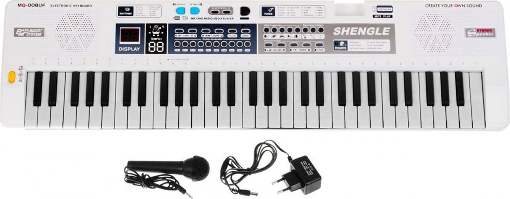 A white electronic keyboard with a microphone and power adapter, displayed on a white background.